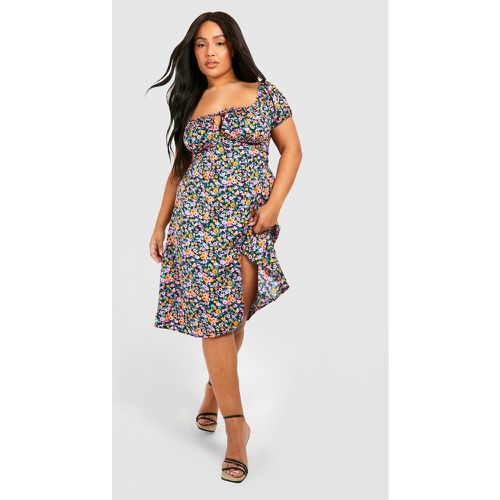 Grande Taille - Robe Mi-Longue Fleurie Fendue À Manches Bouffantes - boohoo - Modalova