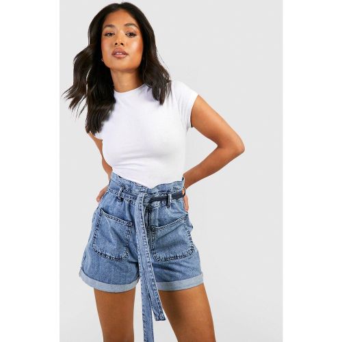 Petite" - Short Paperbag En Jean À Ceinture - boohoo - Modalova