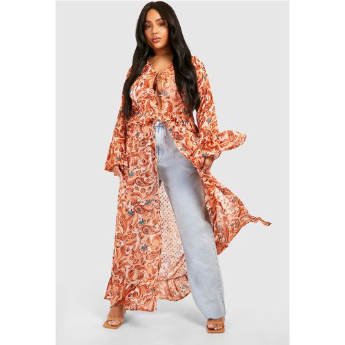 Plus" Woven Paisley Print Frill Detail Longline Kimono - boohoo - Modalova