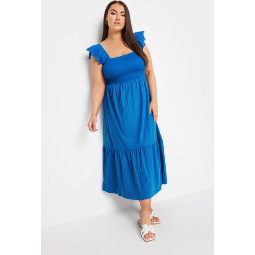 Curve Blue Frill Sleeve Shirred Midaxi Dress, Grande Taille & Courbes - Yours - Modalova