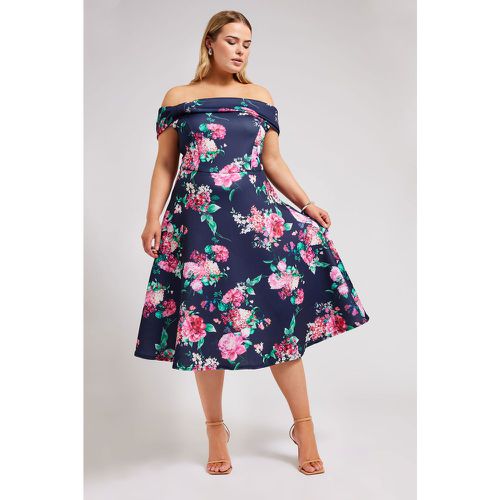 Robe Patineuse Marine Floral Bardot À Noeud , Grande Taille & Courbes - Yours London - Modalova