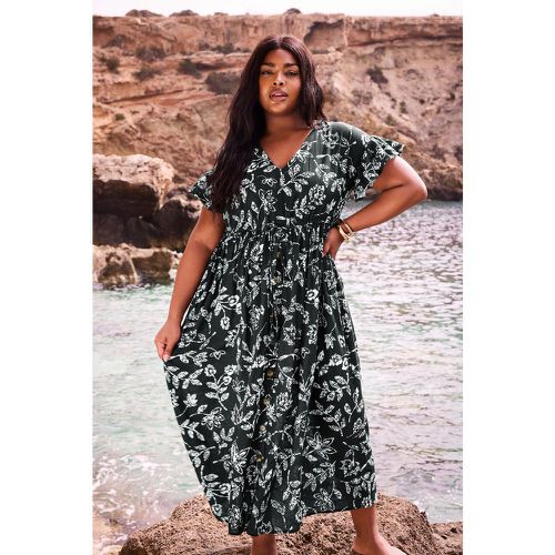 Curve Black Dotted Leaf Print Linen Maxi Dress, Grande Taille & Courbes - Yours - Modalova