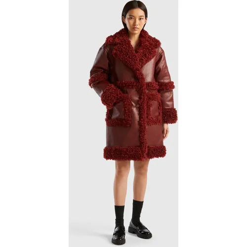 Benetton, Manteau En Tissu Enduit À Fourrure Synthétique, taille L, Bordeaux - United Colors of Benetton - Modalova