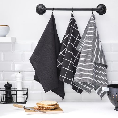 Lot de 3 Torchons Coton Essential carreaux, rayure, Fusain Gris , noir, gris perle - Today - Modalova