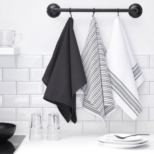 Lot de 3 Torchons Coton Essential carreaux rayé,Fusain Gris , blanc - Today - Modalova