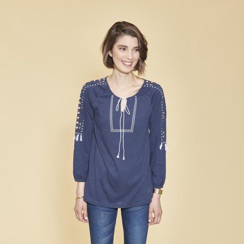 Tee-shirt col caftan manches longues élastiquées avec pompons - Indigo en coton - 3 SUISSES - Modalova