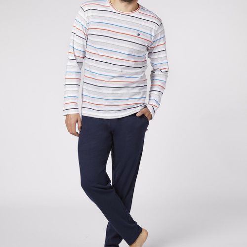 Pyjama Long - Rayures Colorées / Bleu Marine Uni - en coton - Dodo Homewear - Modalova