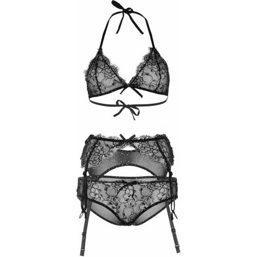 Ensemble 3 pièces bralette, slip et porte-jaretelles noir - Leg Avenue - Modalova