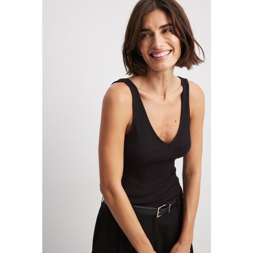 Haut côtelé bio col en V - Black - NA-KD Basic - Modalova