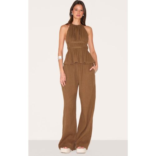 Pantalon Évasé Taille Basse en Étamine de Coton Couleur Champignon - PrettyLittleThing - Modalova