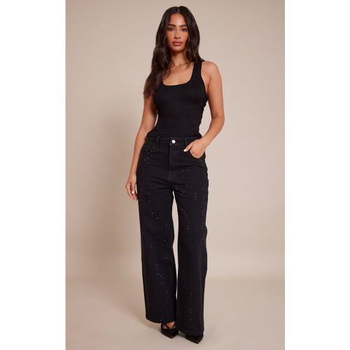 Petite Jean droit à taille mi-haute et strass | Taille 30 - PrettyLittleThing - Modalova