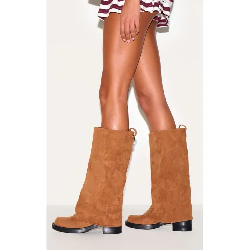 Bottes hautes repliées en suédine à talon carré - PrettyLittleThing - Modalova