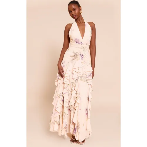 Robe longue froncée à décolleté et volants - PrettyLittleThing - Modalova