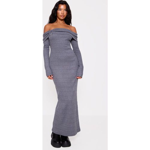Robe longue brossée et côtelée épaisse gris athracite à col bardot et empiècement - PrettyLittleThing - Modalova