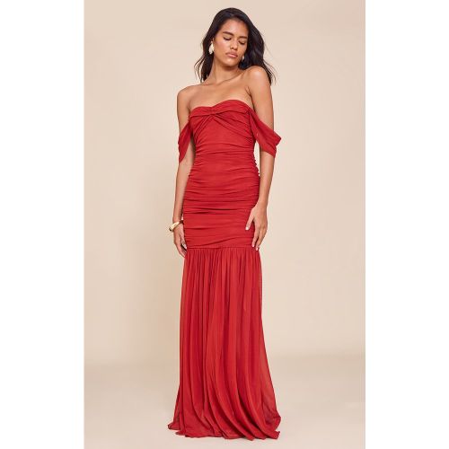 Robe longue en mesh profond froncée à col bardot | Taille 38 - PrettyLittleThing - Modalova