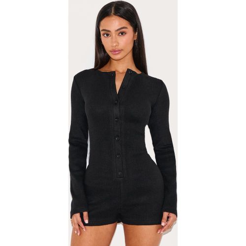 Petite Combishort côtelé à boutons et manches longues - PrettyLittleThing - Modalova