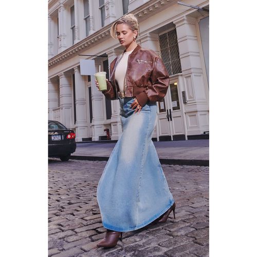 Jupe longue drapée en jean moyennement délavé effet vintage fendue devant - PrettyLittleThing - Modalova