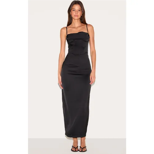 Robe mi-longue satinée à bretelles fines et détail corset drapé - PrettyLittleThing - Modalova