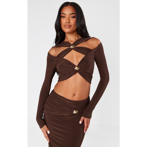 Crop top moulant chocolat découpé torsadé à manches longues - PrettyLittleThing - Modalova