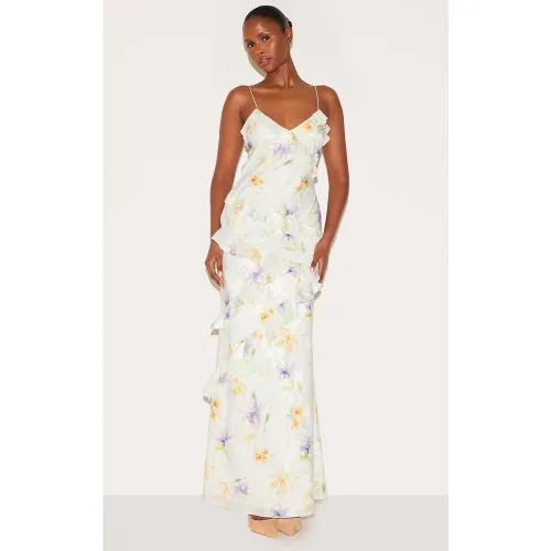 Robe longue brodée fleurie à volants - PrettyLittleThing - Modalova