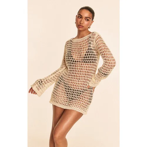 Mini robe de plage en maille style crochet à manches longues - PrettyLittleThing - Modalova