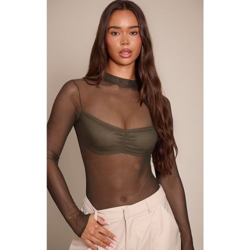 Body en mesh col montant à buste contrasté et manches longues | Taille 38 - PrettyLittleThing - Modalova