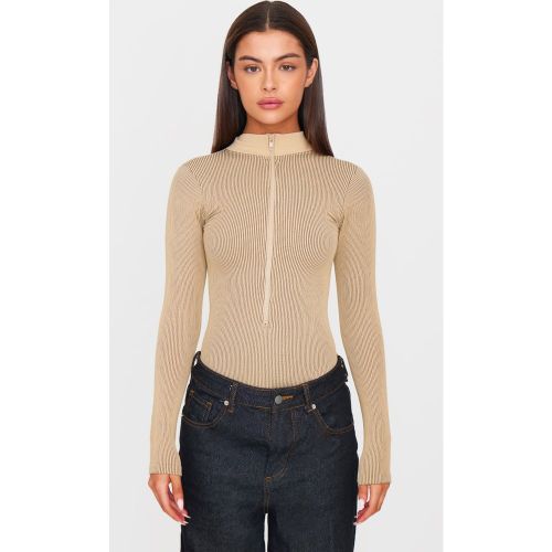 Body zippé côtelé détail contours à manches longues - PrettyLittleThing - Modalova