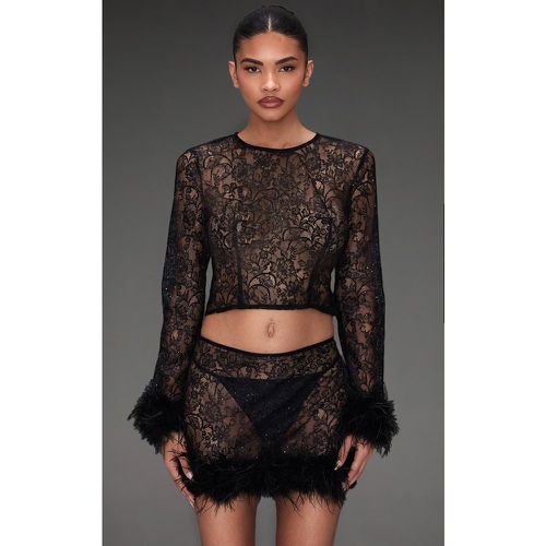 Top en dentelle transparente pailletée à manchettes en plumes - PrettyLittleThing - Modalova