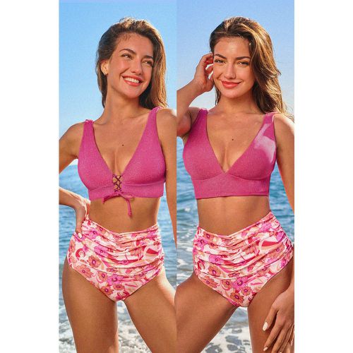 Bikini avec col plongeant et bas fleuri taille haute rose - CUPSHE - Modalova