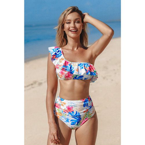 Bikini taille haute avec une épaule à volants et fleurs et bas ruché - CUPSHE - Modalova