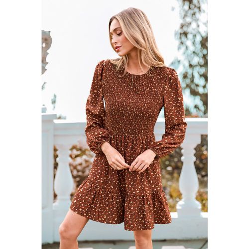 Robe à manches bouffantes et à smocks ditsy marron - CUPSHE - Modalova
