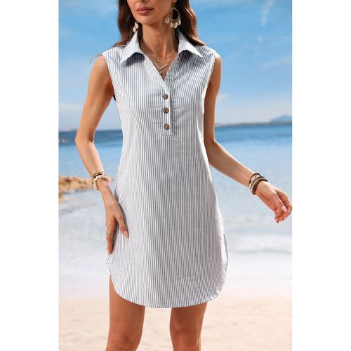 Robe chemise courte en pur coton sans manches à rayures bleues - CUPSHE - Modalova