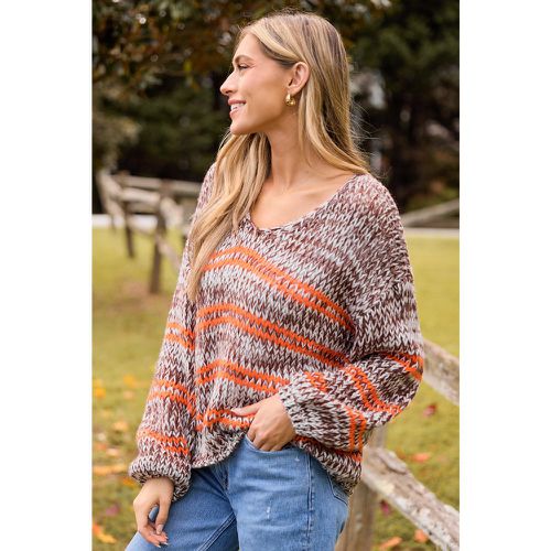 Pull à manches longues bouffantes et rayures marron et orange - CUPSHE - Modalova