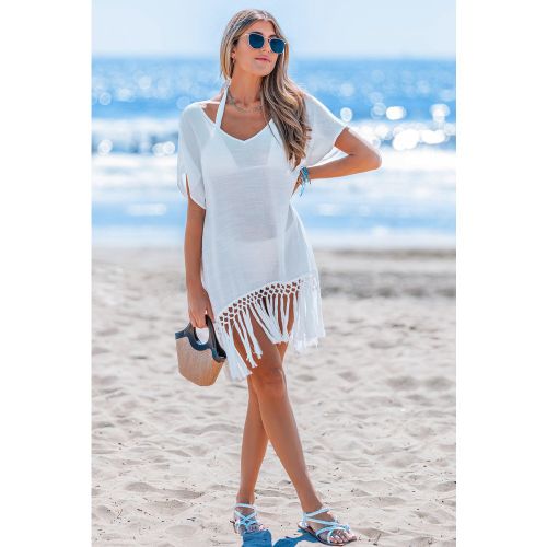 Robe cover up courte blanche tissée col V manches courtes - CUPSHE - Modalova
