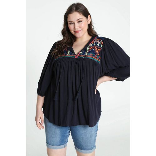Blouse unie avec broderie et pompons - PAPRIKA - Modalova