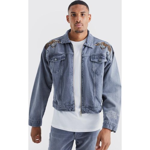 Tall - Veste en jean ample à écusson tigre homme - S - Boohooman - Modalova