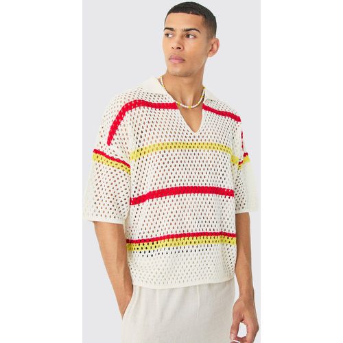 Oversized Boxy Crochet Stripe Polo In - S - Boohooman - Modalova