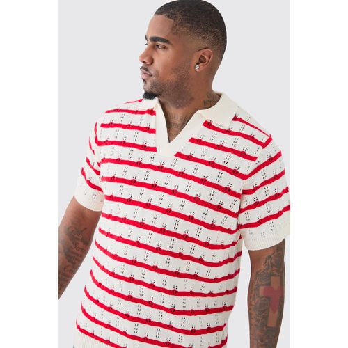 Plus Short Sleeve Regular Crochet Knit Stripe Polo In Red - - XXXL - Boohooman - Modalova