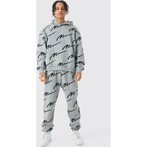 Man Signature All Over Print Boxy Hooded Tracksuit - Boohooman - Modalova