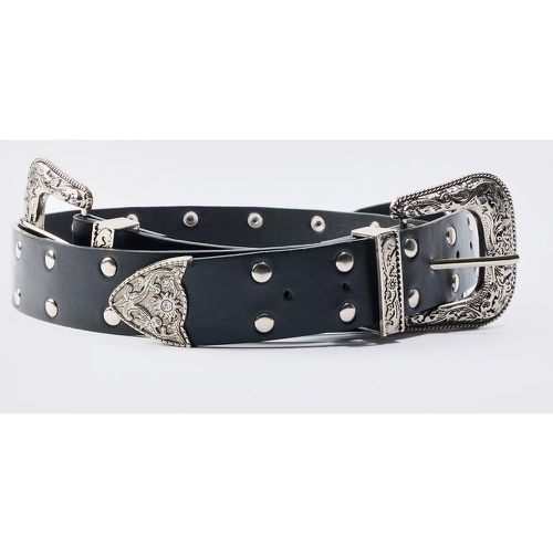 Double Buckle Studded Belt In Black - Boohooman - Modalova