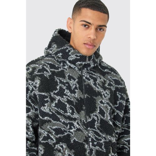 Oversized Boxy Zip Through Abstract Printed Borg Hoodie - Boohooman - Modalova