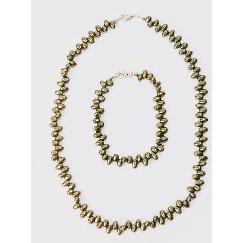 Pearl Bead Necklace & Bracelet Set In Green - Boohooman - Modalova