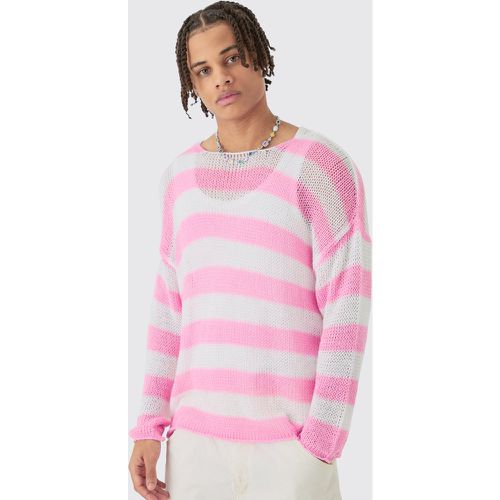 Oversized Boxy Open Knit Stripe Jumper In Pink - Boohooman - Modalova