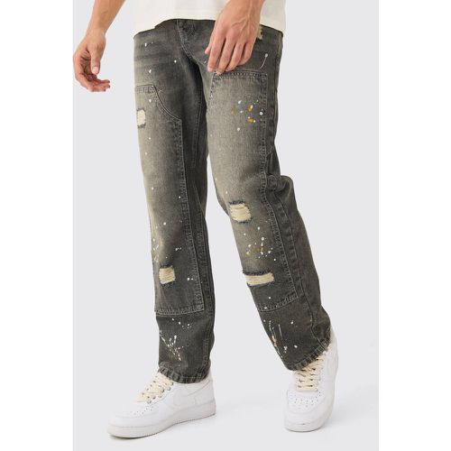 Relaxed Rigid Ripped Carpenter Paint Splatter Jeans In Antique Grey - - 28R - Boohooman - Modalova