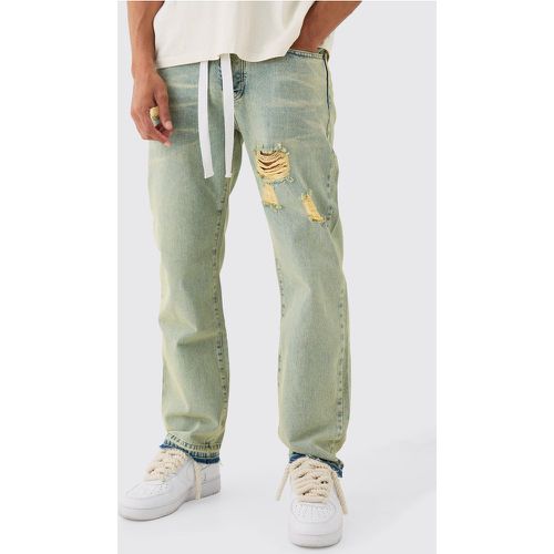Relaxed Rigid Ripped Let Down Hem Jeans With Extended Drawcords In Green Wash - - 28R - Boohooman - Modalova