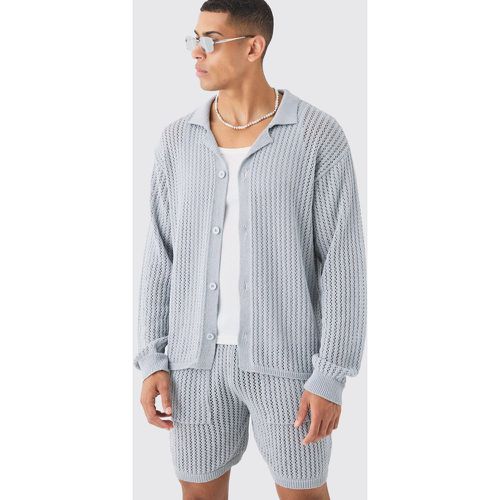 Relaxed Crochet Open Knit Long Sleeve Shirt In Grey - Boohooman - Modalova