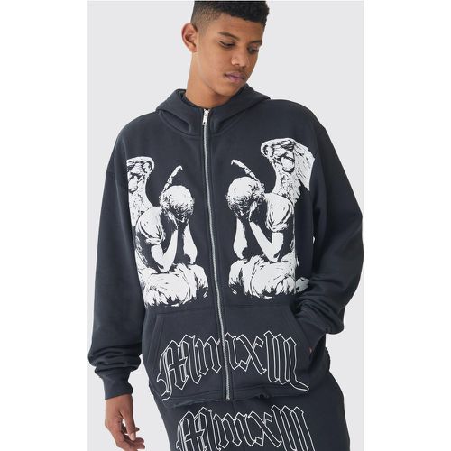 Tall - Sweat à capuche oversize zippé délavé à imprimé chérubin - S - Boohooman - Modalova