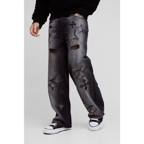 Tall - Jean baggy déchiré à écussons - 30 - Boohooman - Modalova