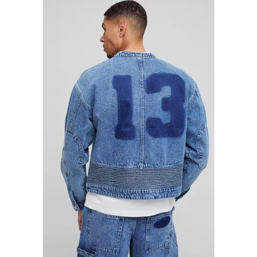Veste universitaire biker en jean - S - Boohooman - Modalova
