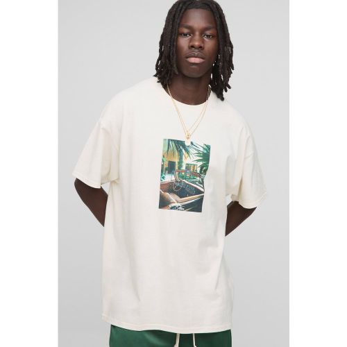 T-shirt oversize écru à col montant et imprimé moto - S - Boohooman - Modalova